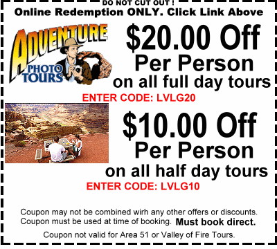 $20 off per person on Any Adventure Photo Tours Full Day tour or $10 off per person any Half Day tour. Must book direct.