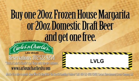 Coupon for 1 free 20oz Frozen House Margarita or Domestic Draft Beer when you buy one at Carlos' n Charlie's, inside the Flamingo Las Vegas.