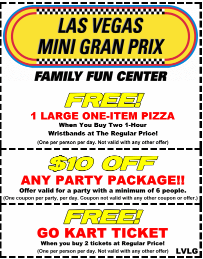 FREE 1 LARGE ONE-ITEM PIZZA, 
$10 OFF ANY PARTY PACKAGE, OR FREE GO KART TICKET