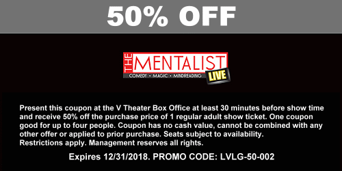 Printable coupon for 50% Off the purchase of tickets for the 'The Mentalist' at The V Theater Las Vegas