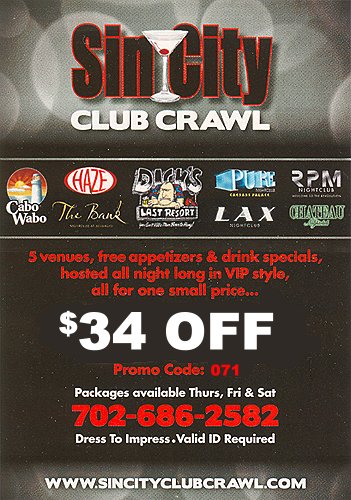 Discount Coupon for $34 Off the Sin City Club Crawl