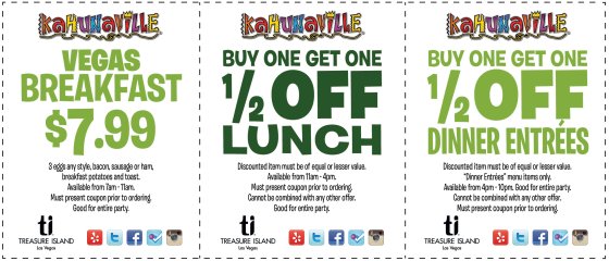 Kahunaville Restaurant and Bar Breakfast, Lunch and Dinner Discounts Coupon.