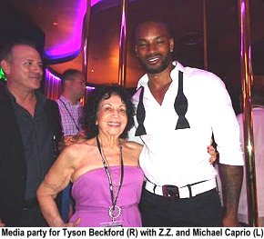 Tyson Beckford (r) with Z.Z. and Michael Caprio at Chippendales media party